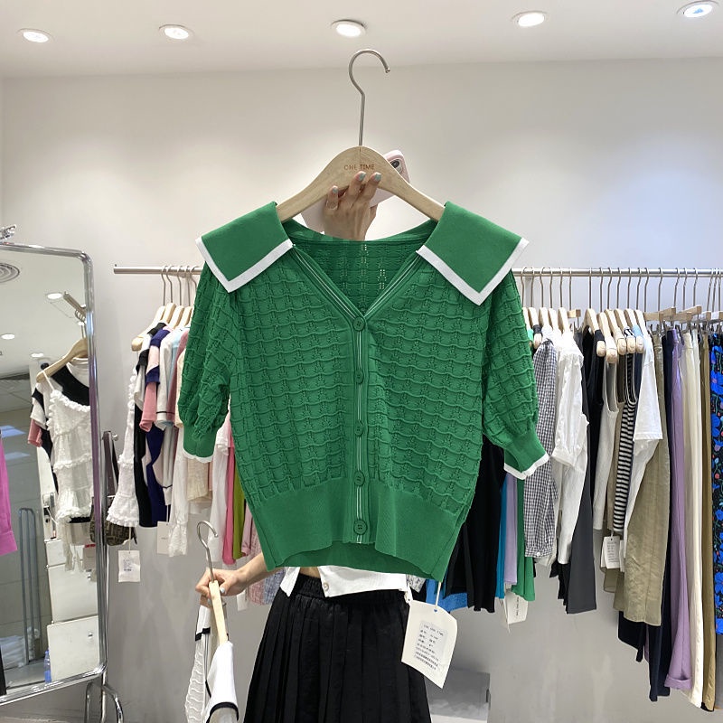 Áo Len Ngắn Tay Khoét Lỗ Một Hàng Khuy Thời Trang Mùa Hè Hàn Quốc Hàng Mới