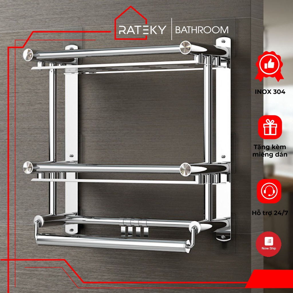 Kệ INOX 304 Dán Tường Nhà Tắm Treo Khăn Tiện Ích Không Cần Khoan Đục