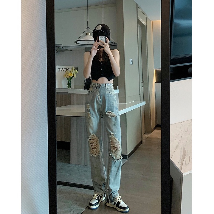 Quần jeans Dài Lưng Cao Ống Đứng Thời Trang Nữ retro