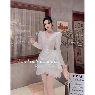 Đầm tăcta kiểu tà đắp cách điệu pha ren tay dài phồng!