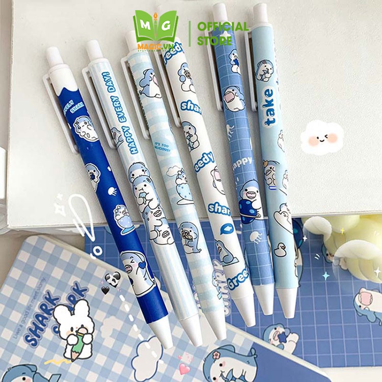 Bút Bi Nước Cute Mực Gel Đen Bấm MAGIC Ngòi 0.5mm Blue Baby Shark, Văn Phòng Phẩm, Đồ Dùng Học Tập Dễ Thương Giá Rẻ BM17