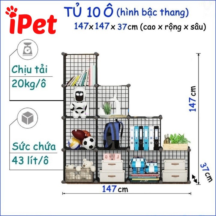 Kệ Tủ Lắp Ghép Lưới Sắt Đa Năng ( TẶNG KÈM CHỐT ) - Combo 10 Ô - iPet Shop