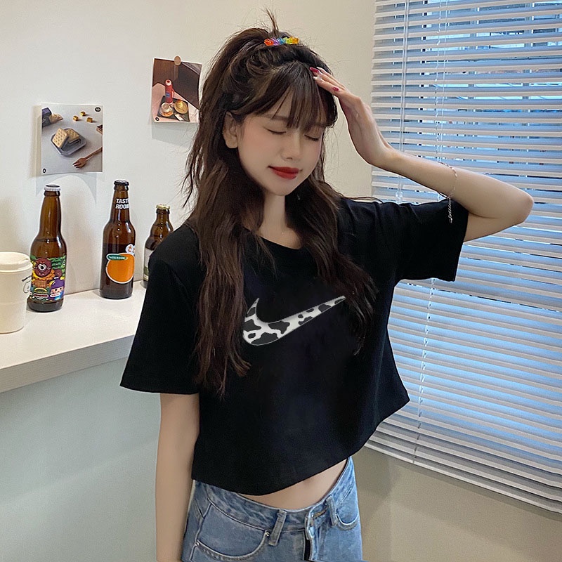 Áo Thun Crotop Form Rộng Unisex Tay Ngắn Chất Cotton Mềm Mại In Hình Nke Bò Sữa Ulzzang Style Hàn Quốc TTT0166