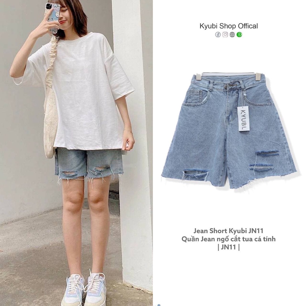 ☾Quần sọt jean ngố lửng nữ rách tua Kyubi Ulzzang form rộng (Có Bigsize, Size đại) - Short JN11