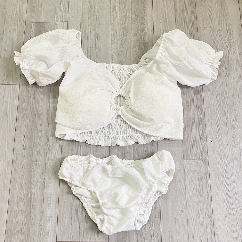 Bikini set 3 món, Đồ bơi đi biển tay bồng trễ vai phối khoen áo kèm khăn quấn mẫu mới 07-2022 (freesize 45-55 kg)