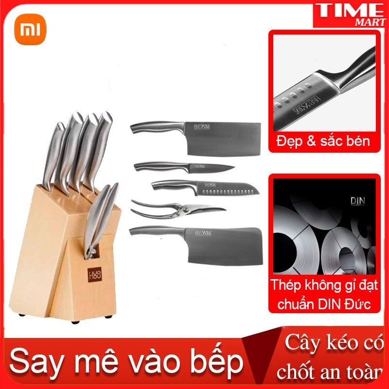 [CHÍNH HÃNG] Bộ dao kéo Đức 6 món Xiaomi HuoHou kèm chân đế gỗ. siêu sắc,cực bền [TIME_MART siêu thị tiện ích gia đình]