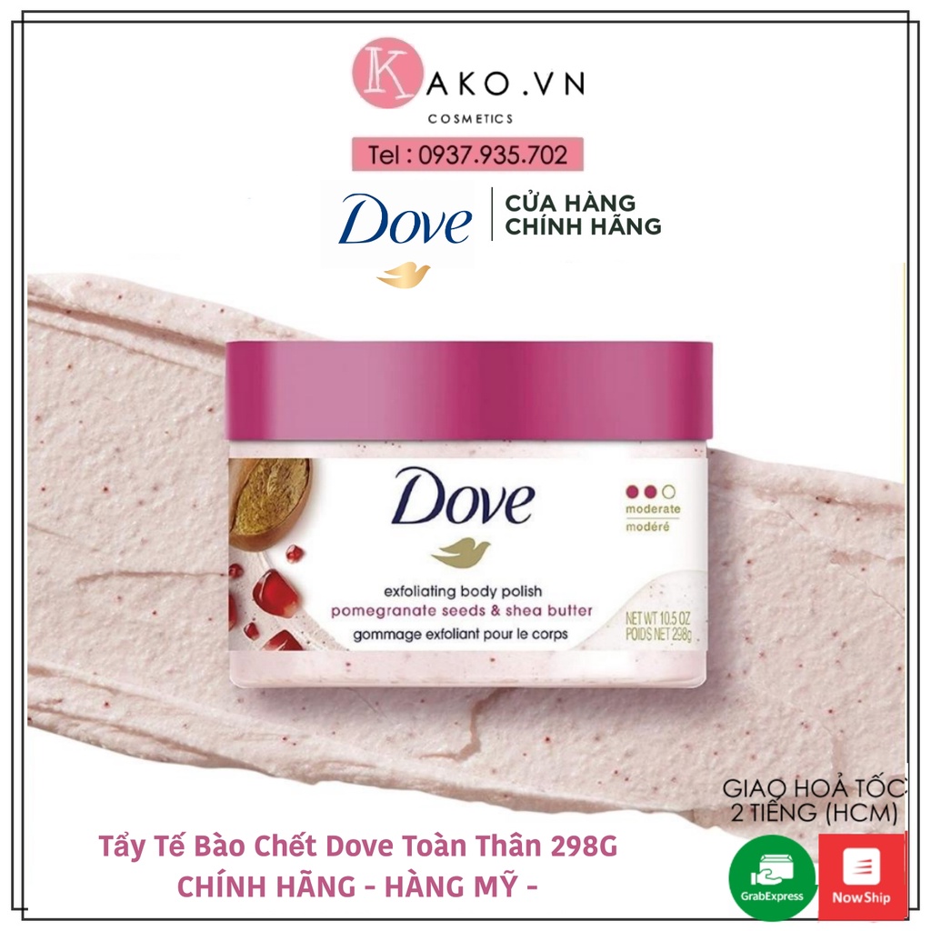 Tẩy Tế Bào Chết Dove Toàn Thân 298G CHÍNH HÃNG - Tẩy Da Chết Dove Body Hạt Macca& Sữa Gạo, Lựu Đỏ, Kiwi & Lô Hội