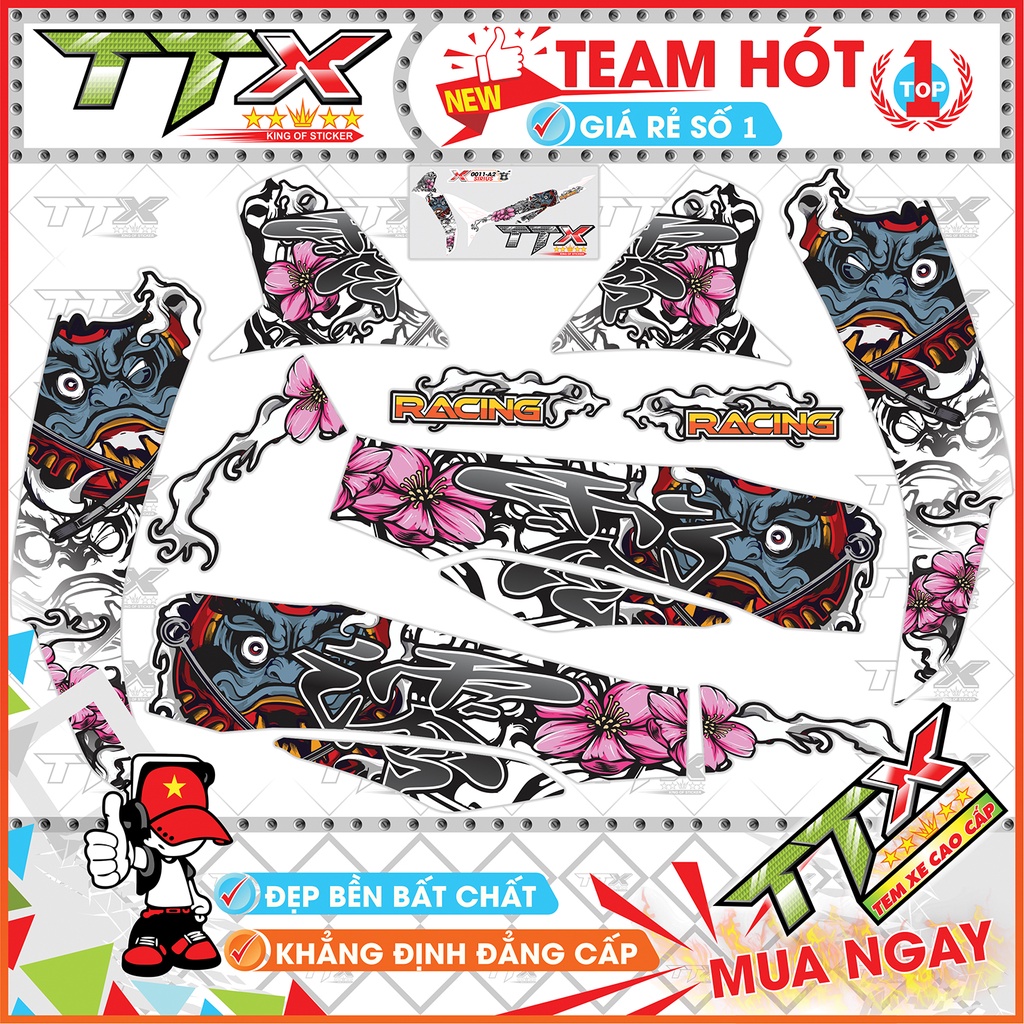 Tem rời sirius mặt quỷ daruma , Team chế sirius dán xe màu trắng xám tuyệt đẹp , Shop TTX Tem xe sirius mã