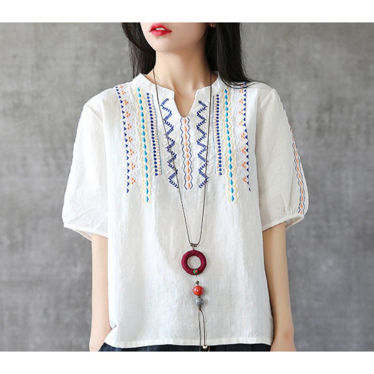 Áo sơ mi vải lanh tay ngắn dáng rộng thêu họa tiết kiểu Vintage thời trang mùa hè cho nữ Size M-4XL