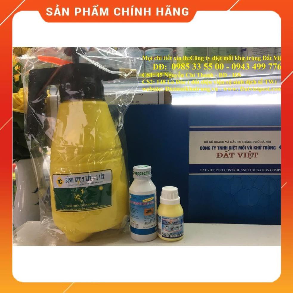 thuốc diệt muỗi và chất bám dính (combo 1lo PERMETHRIN 50 EC, 1 lọ Fendo green 100 SC, bình xịt 2 lít)