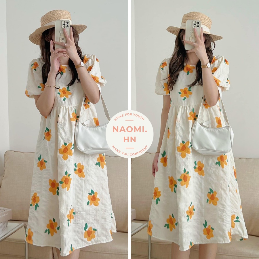 Váy babydoll dáng dài hoa vàng 2 lớp chất xốp bồng bềnh có dây buộc eo. Đầm dáng dài tay bồng babydoll hoa vàng