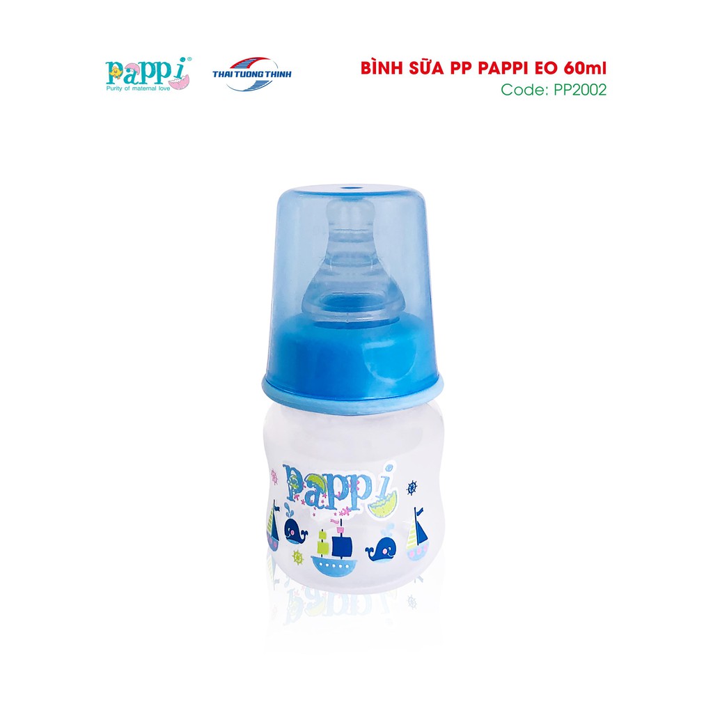 Bình sữa cổ hẹp, Bình sữa sơ sinh trẻ em Pappi nhựa PP 60ml - 125ml - 250ml Thái Lan ( mẫu mới)