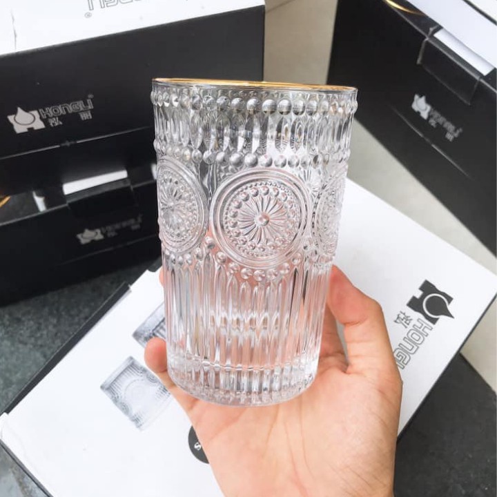 Cốc thủy tinh họa tiết Mặt trời (RETRO) sang trọng, cổ điển viền vàng 300ml - 365ml (1 chiếc)