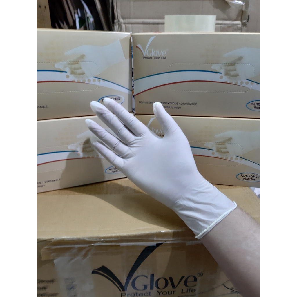 1 thùng 10 hộp Găng tay y tế không bột Vglove Khải Hoàn phủ Polymer 5.4g 24cm - 100 cái/hộp - hộp/50 đôi , XS,S,M,L