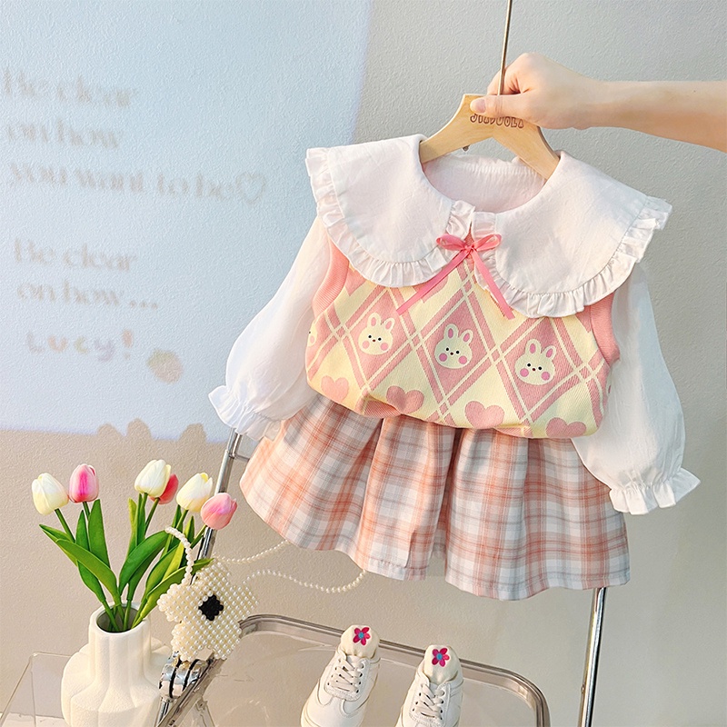 Bộ Áo Sơ Mi + Chân Váy Ca Rô Xinh Xắn Theo Phong Cách Mùa Thu Dành Cho Bé Gái