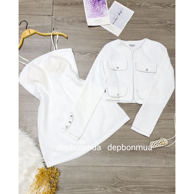 Set đầm 2 dây + khoác vest viền nhũ
