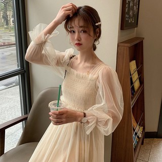 Váy Lưới Cổ Vuông tay Voan Dáng Dài Tiểu Thư