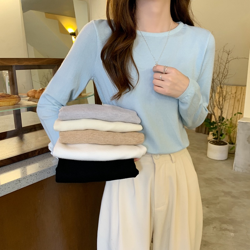 Áo bằng vải dệt kim tay dài cổ tròn thiết kế đơn giản 46222