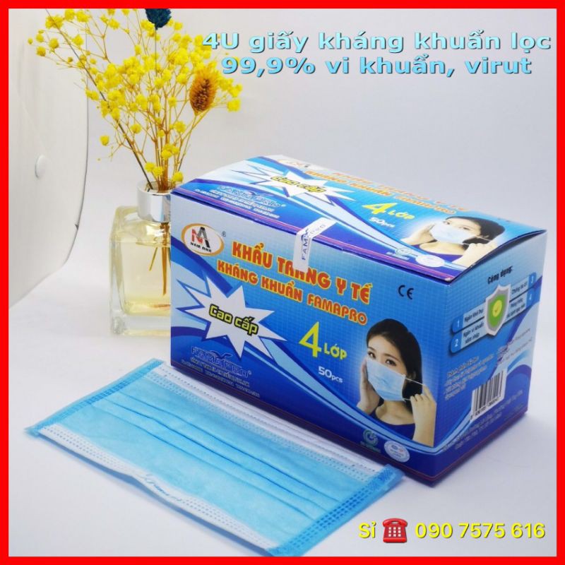 Khẩu trang y tế 4 lớp Famapro giấy kháng khuẩn 4U màu xanh