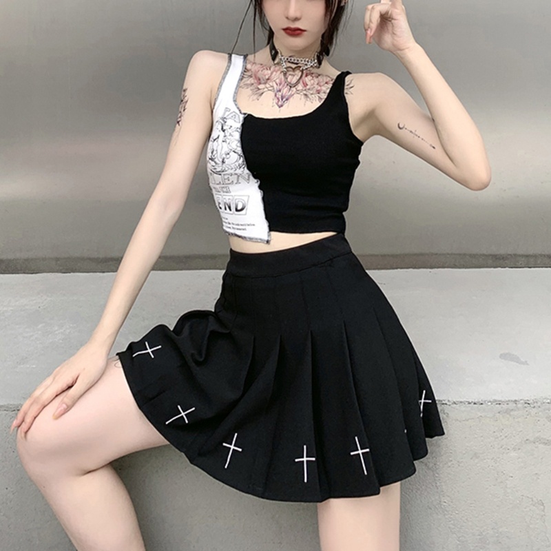 Xiangbao Áo Crop Top Cổ Chữ U Phối Màu Khối Mỏng Phong Cách Punk Goth Quyến Rũ Dành Cho Nữ