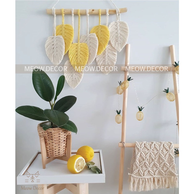 Mành macrame lá phối 2 màu xinh xắn treo tường trang trí phòng ngủ, homestay, quán cafe (W59)