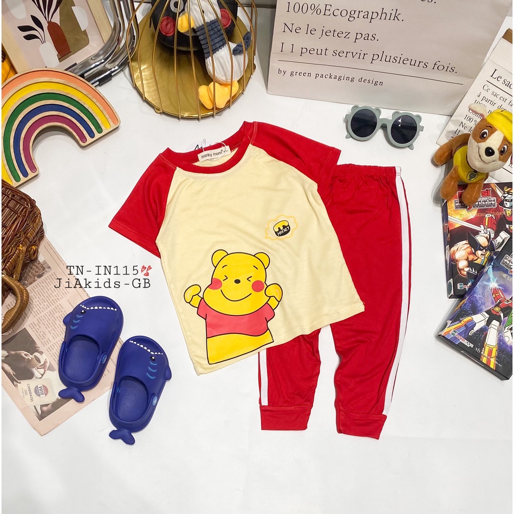 Bộ Tay Ngắn Quần Dài THUN LẠNH MINKY MOM Quần Chạy Sọc Áo In Hình Dễ Thương Cho Bé TN-IN115