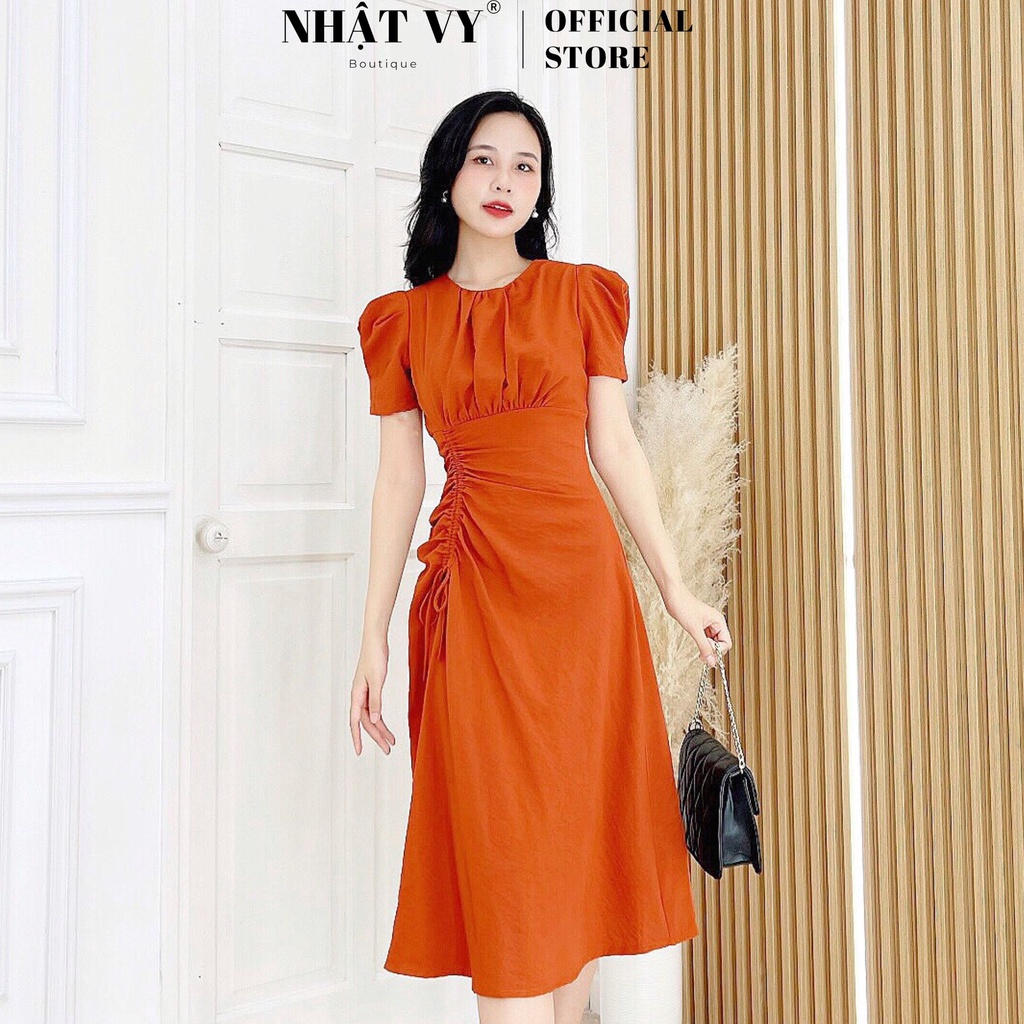 Váy Thiết Kế NHẬT VY Cổ Tròn Tay Phồng Phối Dây Rút Eo Chất Linen Màu Cam Đất, Đen - D2434