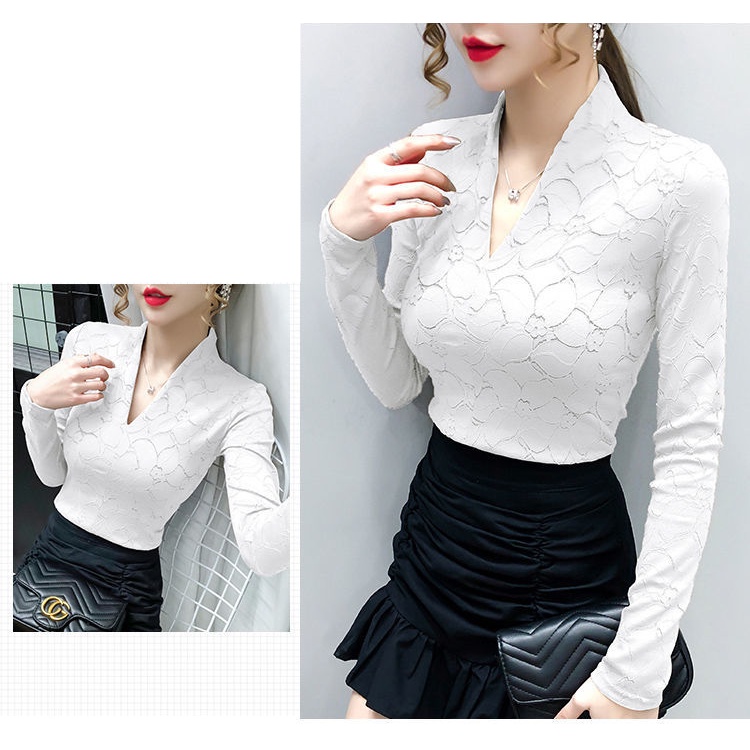 Áo Nữ Tay Dài Cổ Chữ v Phối Ren Thời Trang Quyến Rũ