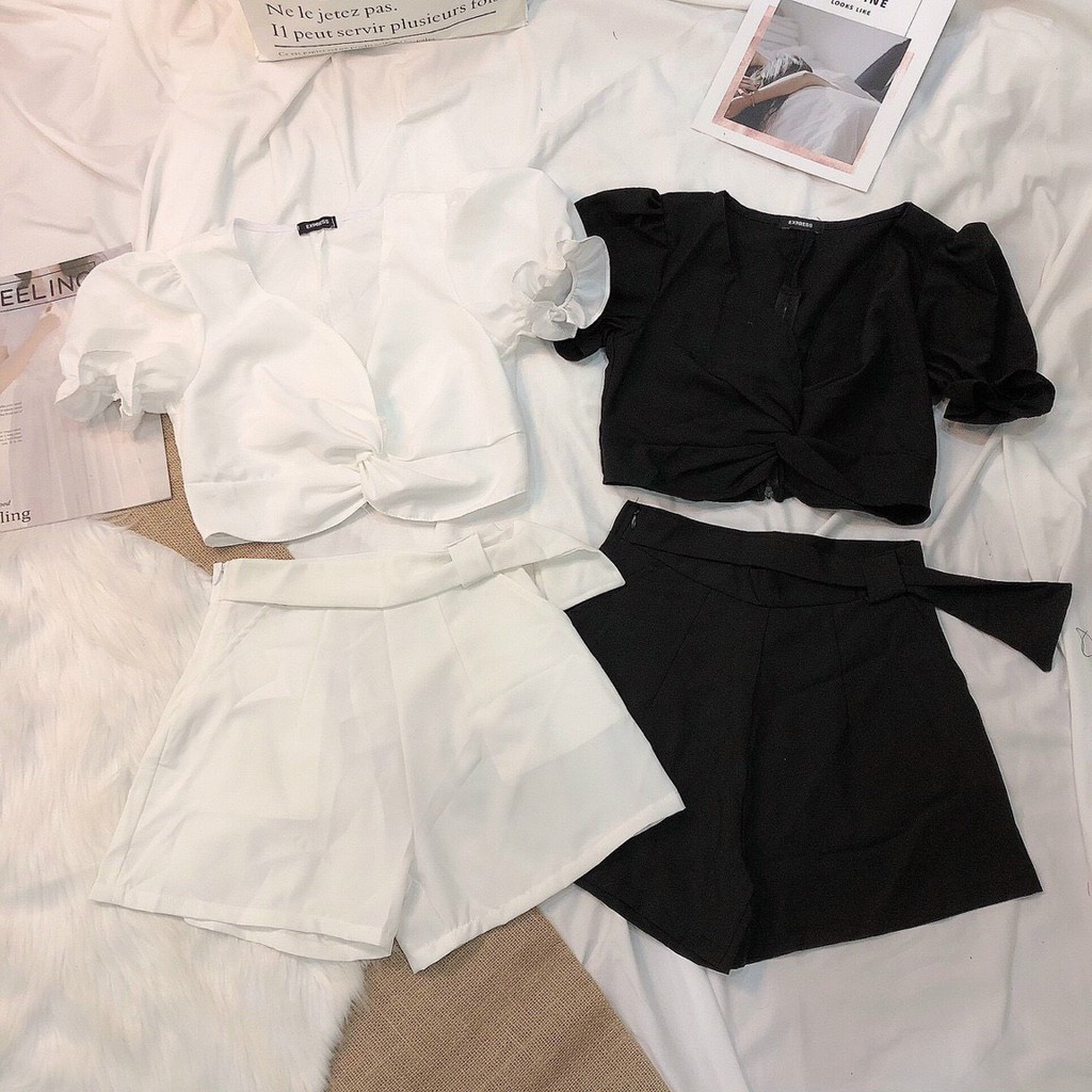 set xinh áo voan xoắn ngực kèm quần short xinh chất kate lụa mềm, ảnh thật, free size