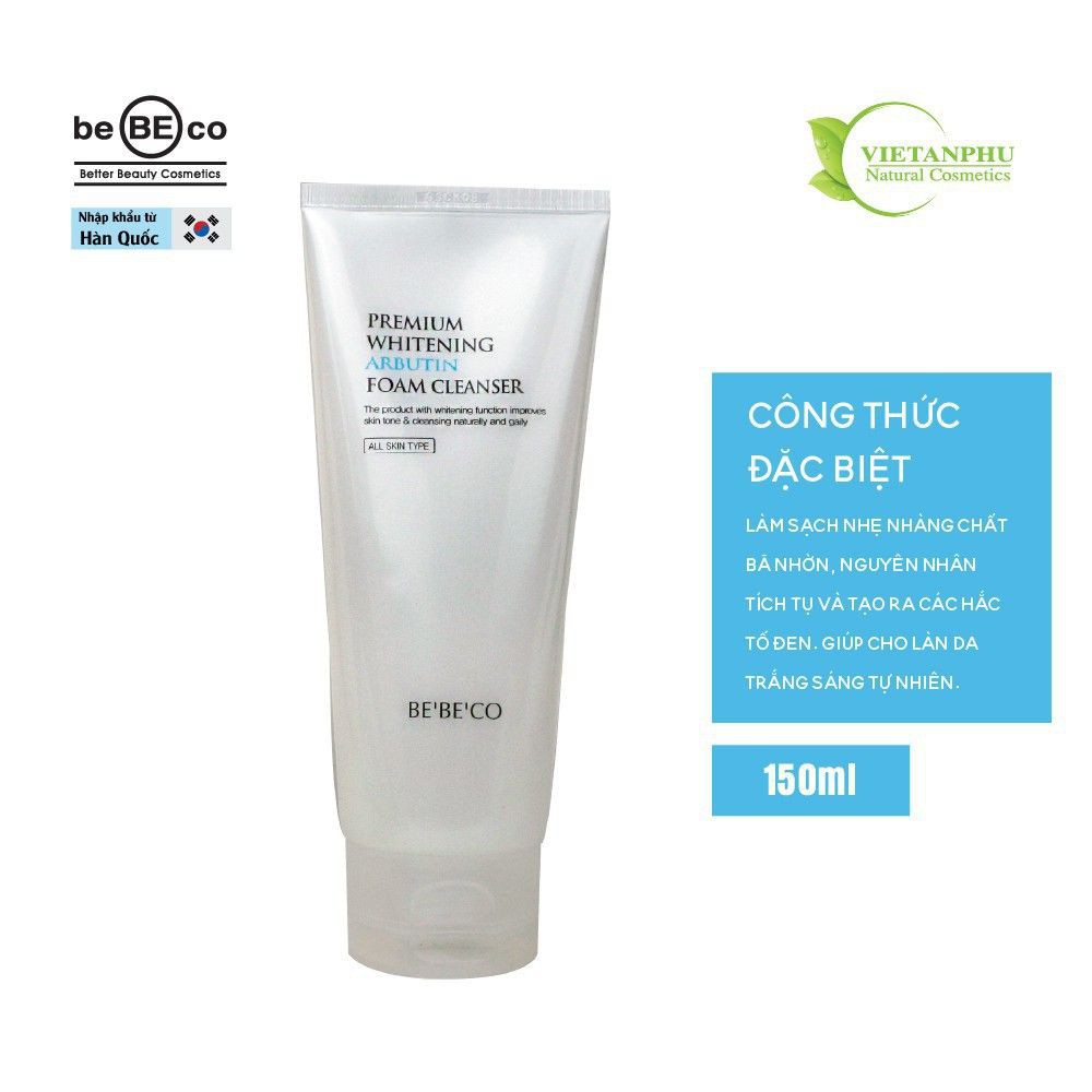 Sữa rửa mặt Arbutin trắng da cao cấp BEBECO Hàn Quốc 150ml WHITENING CLEANSER