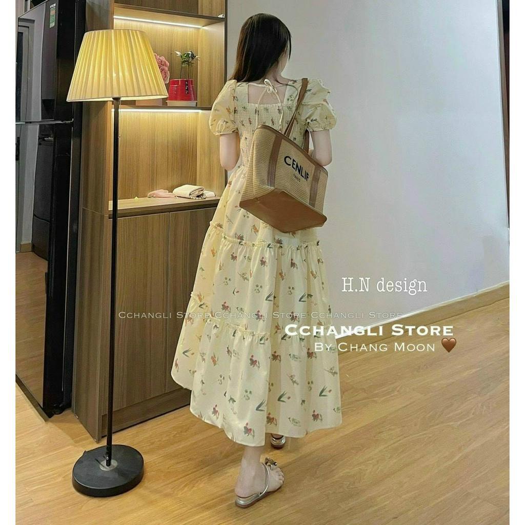 Đầm maxi hoa nhí cổ vuông bo chun sau- đầm babydoll  nữ dáng dài tay bồng đi biển đi chơi kỷ yếu dễ thương sang chảnh
