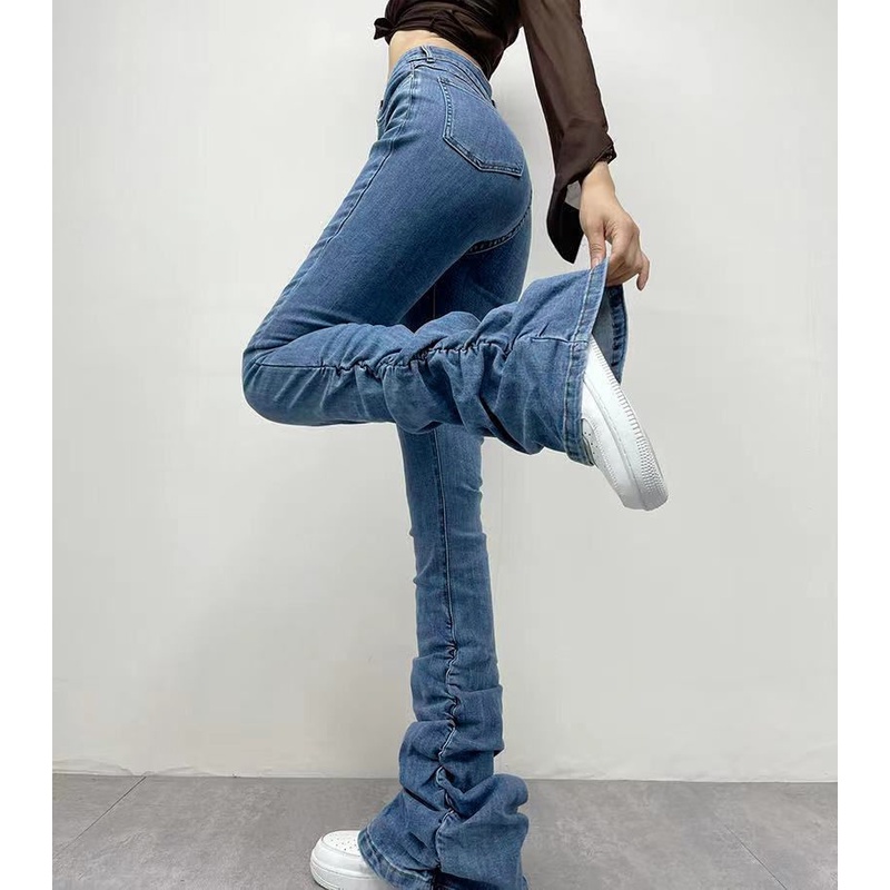 European and American Millennium hot girls pleated pile pants leg slimming horn jeans autumn high waist denim mop pants Youy