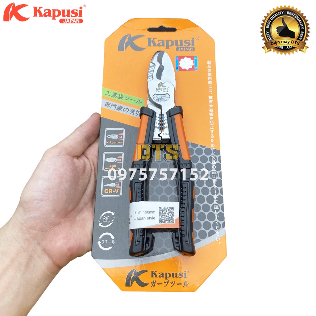 Kìm cắt đa năng thép Nhật CR-V đúc nguyên khối Kapusi JAPAN 190mm thiết kế tiên tiến tiết kiệm 30% lực bấm, kìm đa năng