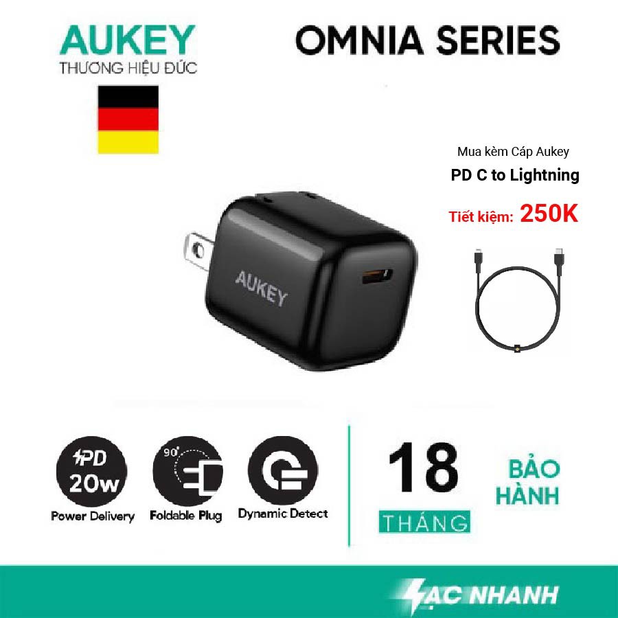 Cốc Sạc Nhanh 20W Aukey PA-B1pro , Sạc Nhanh 2 Trong 1 PD 20W + QC 18W, đầu sạc gập được -Hàng Chính Hãng