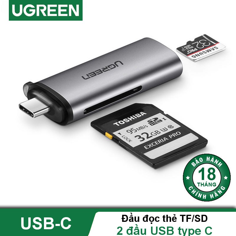 Đầu đọc thẻ USB Type C đọc thẻ SD/TF Ugreen 50704 CM184 Chính Hãng Vỏ Nhôm