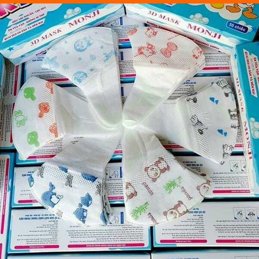 Khẩu trang 3D Mask Monji trẻ em, hộp 50 cái, khẩu trang 3D cho bé công nghệ Nhật Bản, 3 lớp kháng khuẩn, dây đeo co dãn