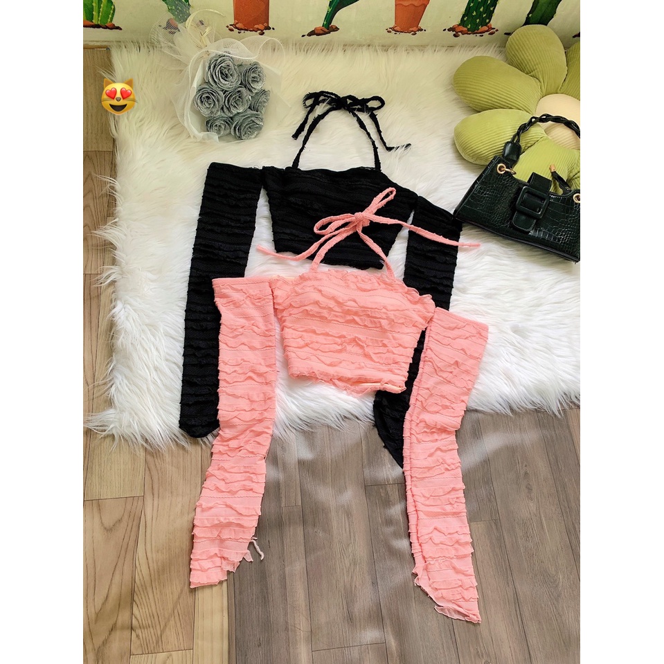 Áo kiểu tay dài bẹt trễ vai thun xốp dây buộc cổ