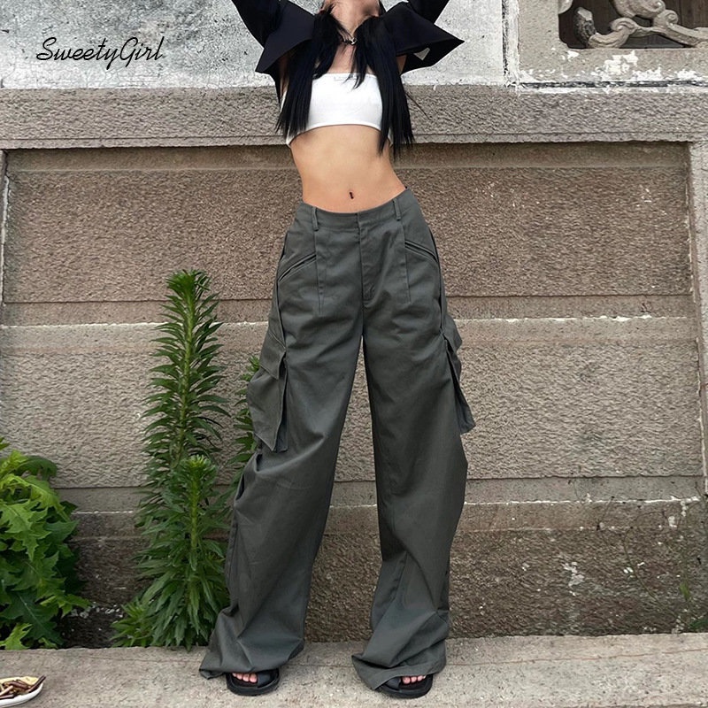 Quần Dài Dáng Suông Ống Rộng Lưng Thấp Màu Xanh Lá Trơn Thời Trang 2022 Cho Nữ