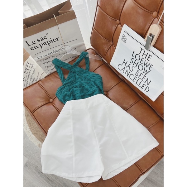 SET ÁO YẾM XỐP XANH + QUẦN SHORT TRẮNG