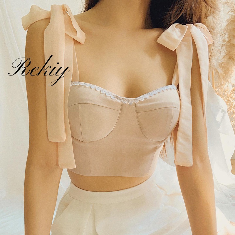 Áo Tank Top Phối Ren Đính Nơ Màu Trơn 2022 Thời Trang Cho Nữ