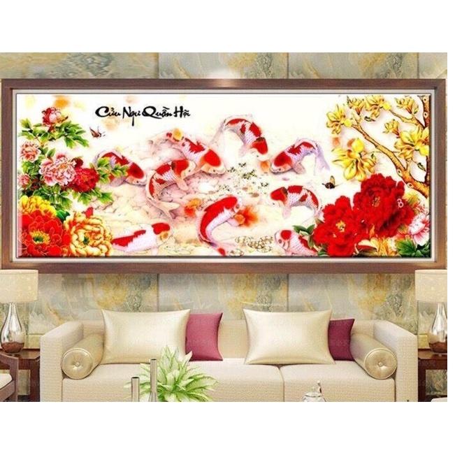 Tranh đính đá cá cửu ngư quần hội KT:160x70cm,tranh đính đá chưa đính đá và chưa khung.