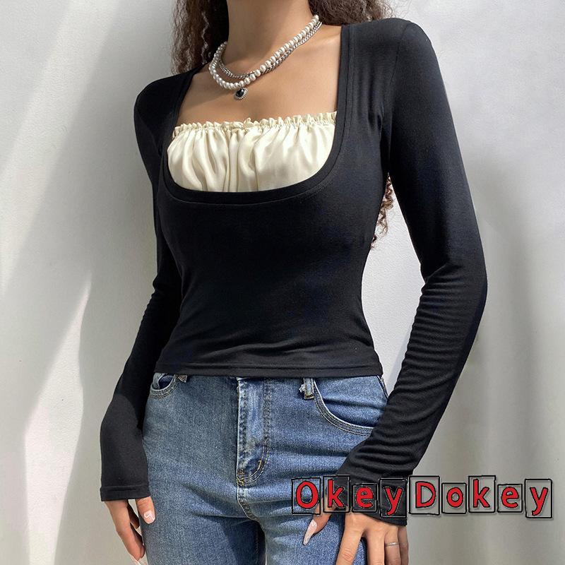 Áo Kiểu Dài Tay Cổ Vuông Giả 2 Mảnh Thời Trang Cho Nữ Okdk-Y2K