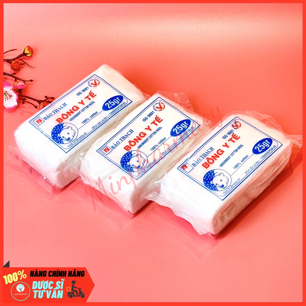 THÙNG 100 GÓI Bông Gòn Y tế BẢO THẠCH Đã Tiệt Trùng Túi 25g - Minpharmacy