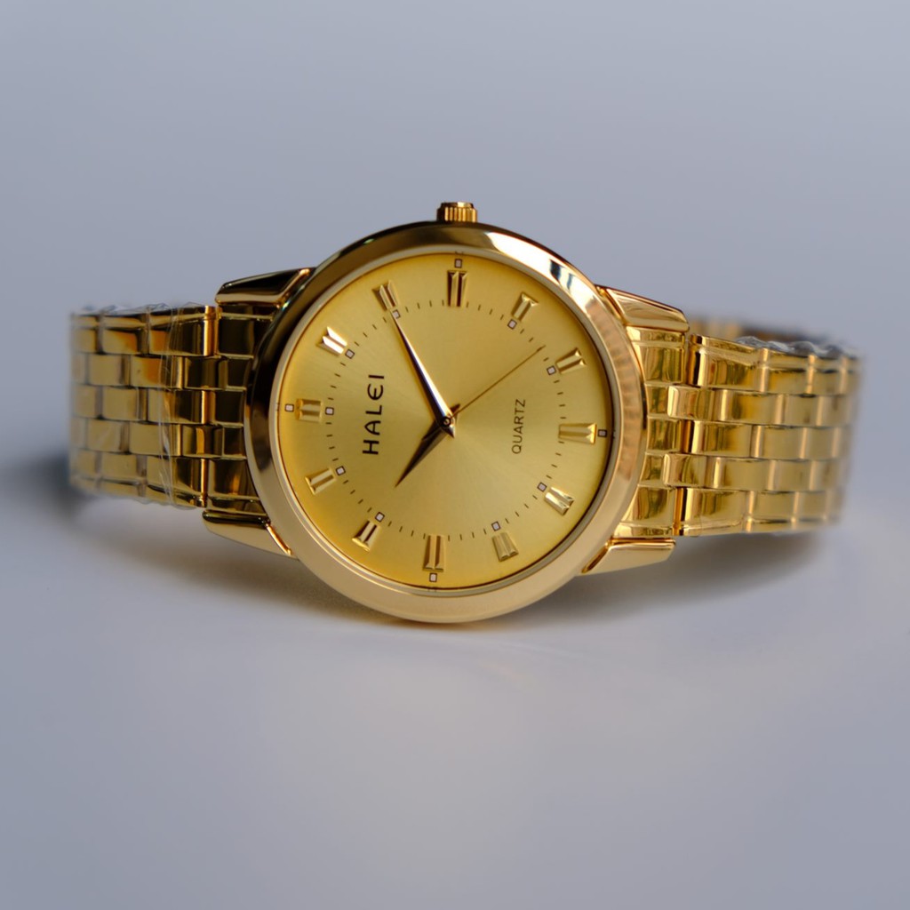 Đồng hồ nam nữ HALEI dây thép không gỉ mạ vàng cao cấp kiểu dáng sang trọng