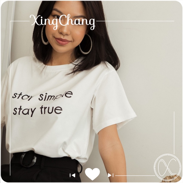 Áo phông nữ công sở tay ngắn form hơi ôm vừa người chất mịn đẹp mặc đi làm in Stay mã NXC06