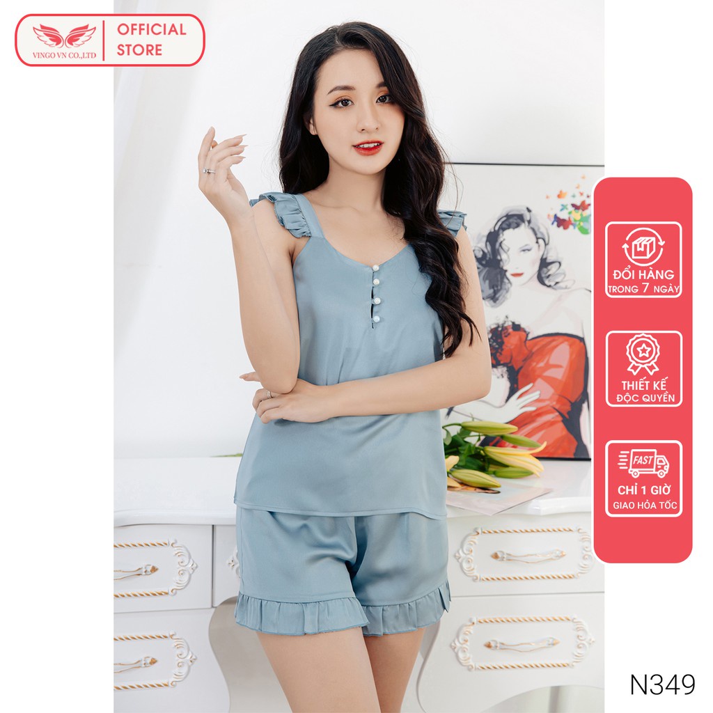 VINGO Bộ Đồ Ngủ Nữ Pyjama Chất Lụa Hàn Trơn Cao Cấp Tay Cánh Tiên Quần Cộc Cổ Phối Cúc Ngọc Thanh Lịch N349 VNGO - HÀNG