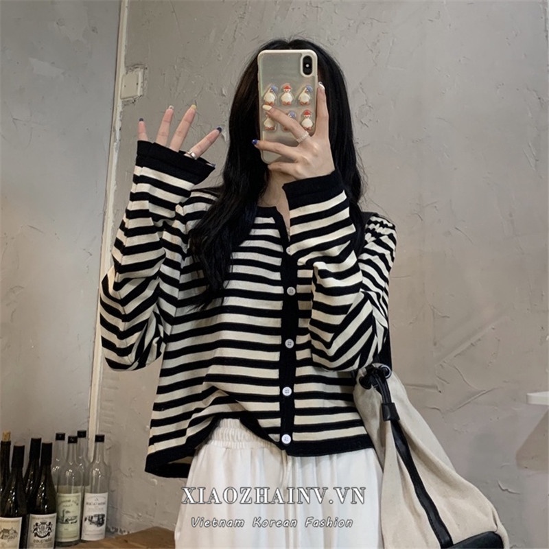Áo khoác cardigan Xiaozhainv dệt kim dáng rộng kẻ sọc kiểu Hàn Quốc xinh xắn cho nữ