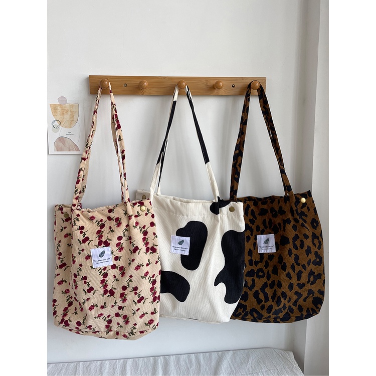 Túi tote vải nhung gân mịn da báo beo bò sữa ngựa vằn hoa nhí ulzzang