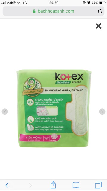 Băng vệ sinh KOTEX thảo dược siêu mềm 23cm 8M sản xuất mới nhất 2020