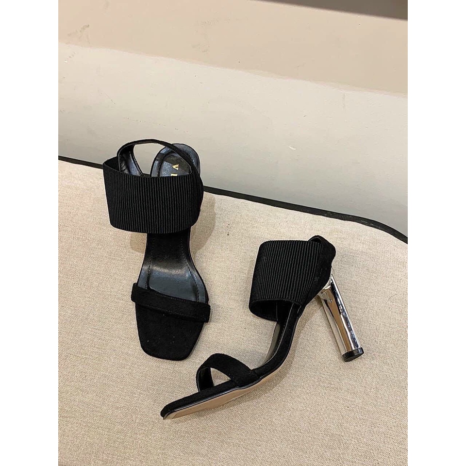 Sandal quai thun đen bản to gót mỏng mạ sáng - 8P